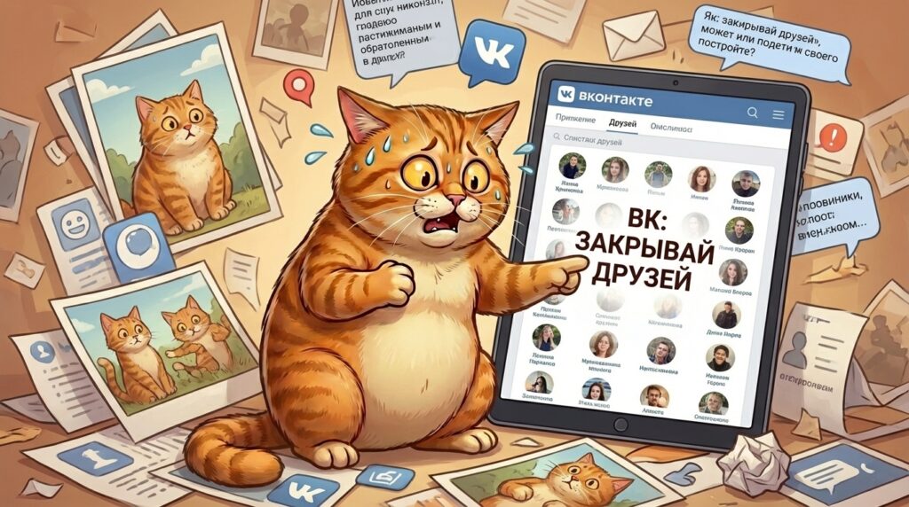 Кот указывает на открытый список друзей в ВКонтакте, предупреждая о типичной ошибке в защите приватности.