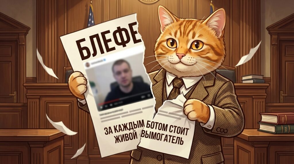 кот-адвокат разрывает фейковый скриншот с дипфейком от вымогателя в Telegram