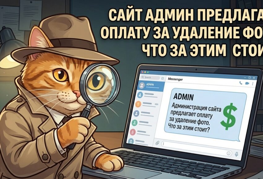 кот-детектив расследует сообщение от админа сайта с предложением платно удалить фото — схема вымогательства