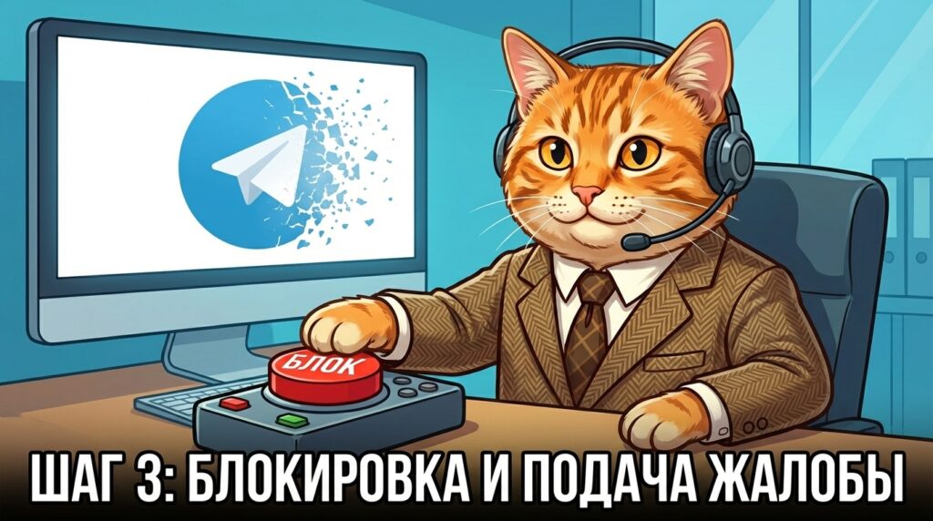кот-специалист блокирует шантажирующего бота в Telegram с помощью большой кнопки