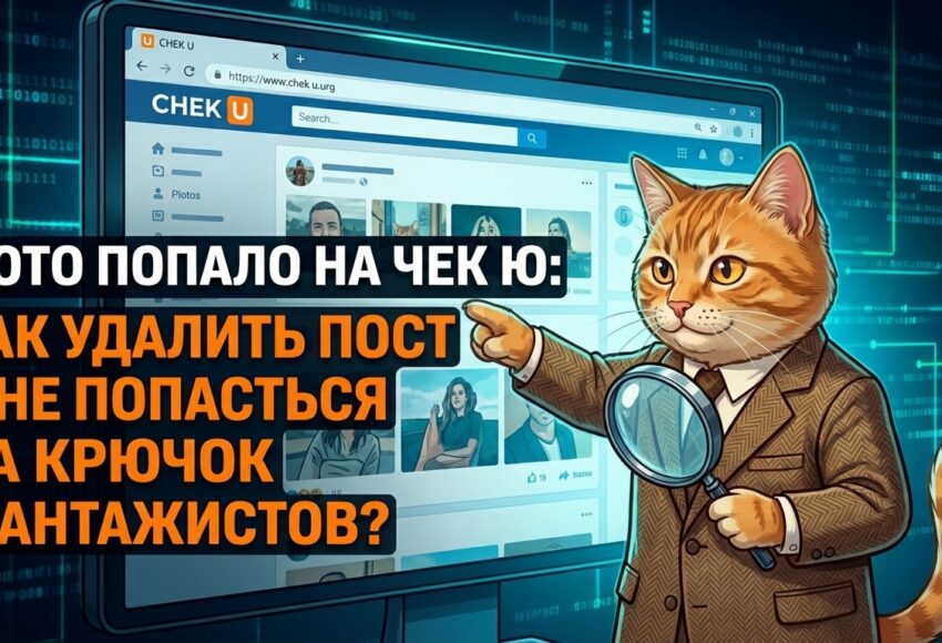 кот-детектив указывает на сайт Чек Ю на экране компьютера — слив фото и шантаж