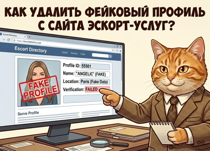 кот-детектив указывает на фейковый профиль на мониторе — удалить анкету с эскорт-сайта