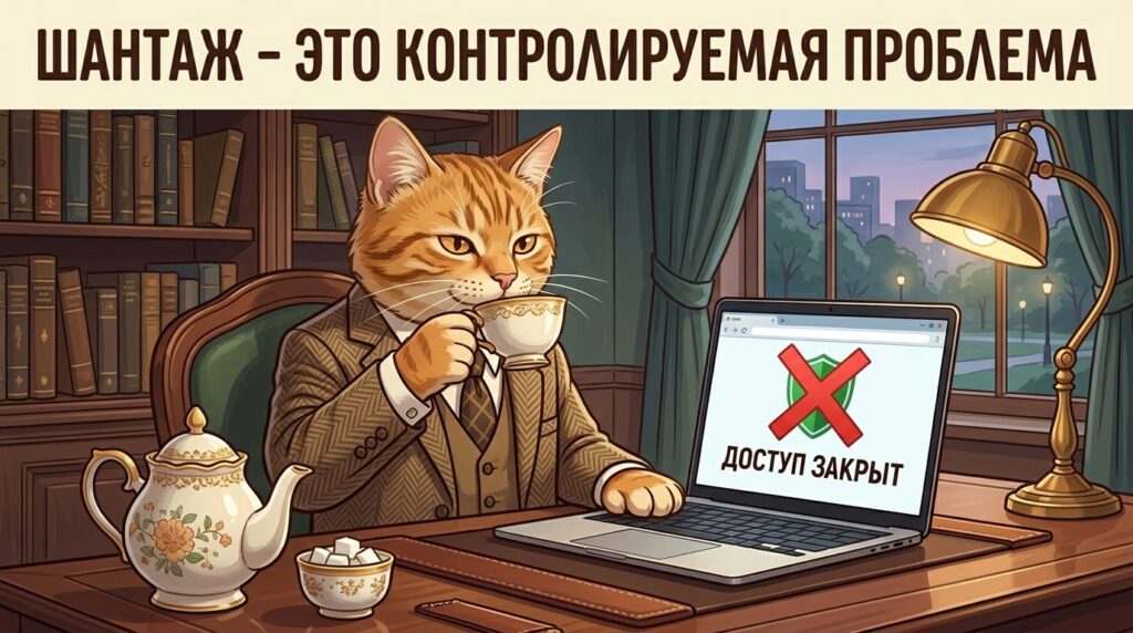 кот-специалист наблюдает за блокировкой сайта с фото после легальных действий против вымогательства