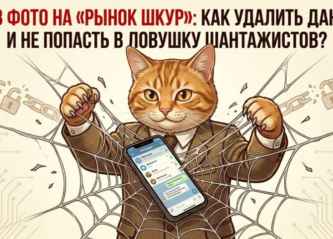 кот разрывает паутину с телефоном, получившим угрозу о сливе фото на рынок шкур