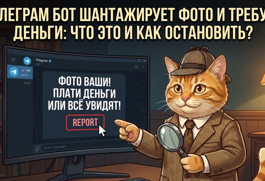 кот-детектив анализирует угрозы от Telegram-бота на экране компьютера — шантаж фото и денег