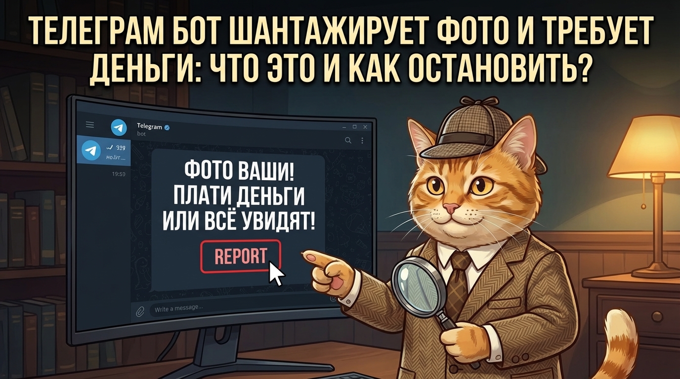 кот-детектив анализирует угрозы от Telegram-бота на экране компьютера — шантаж фото и денег